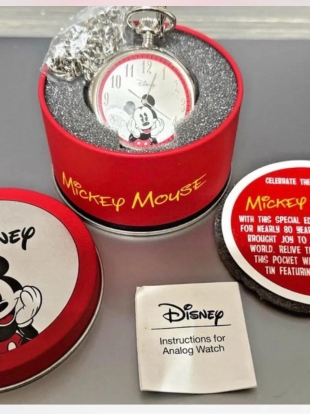 Disney Mickey Mouse Silver Pocket Watch with Red Gift Tin